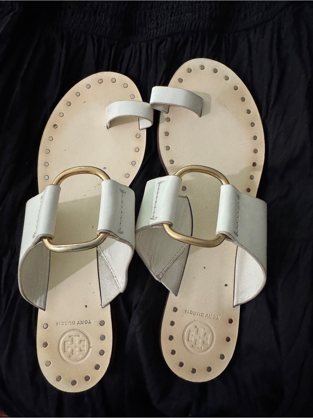 Tory Burch Ravello Studded White Leather Slide Sandals with Gold Hardware — 10